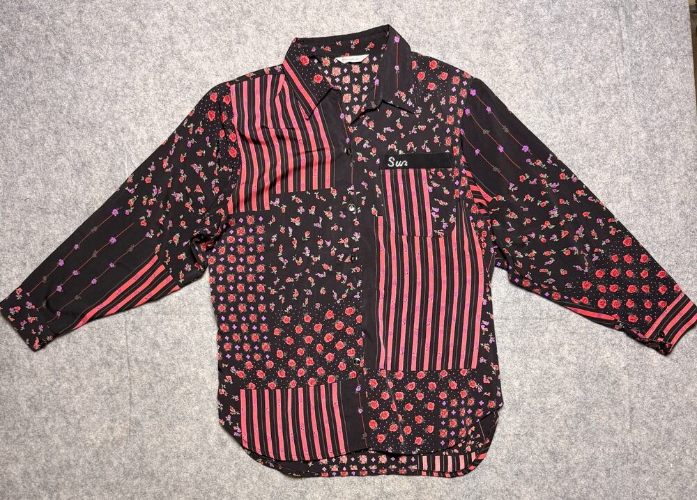 Vintage Sun Fashion Women's L Black Floral Stripe Patchwork Button Up Blouse